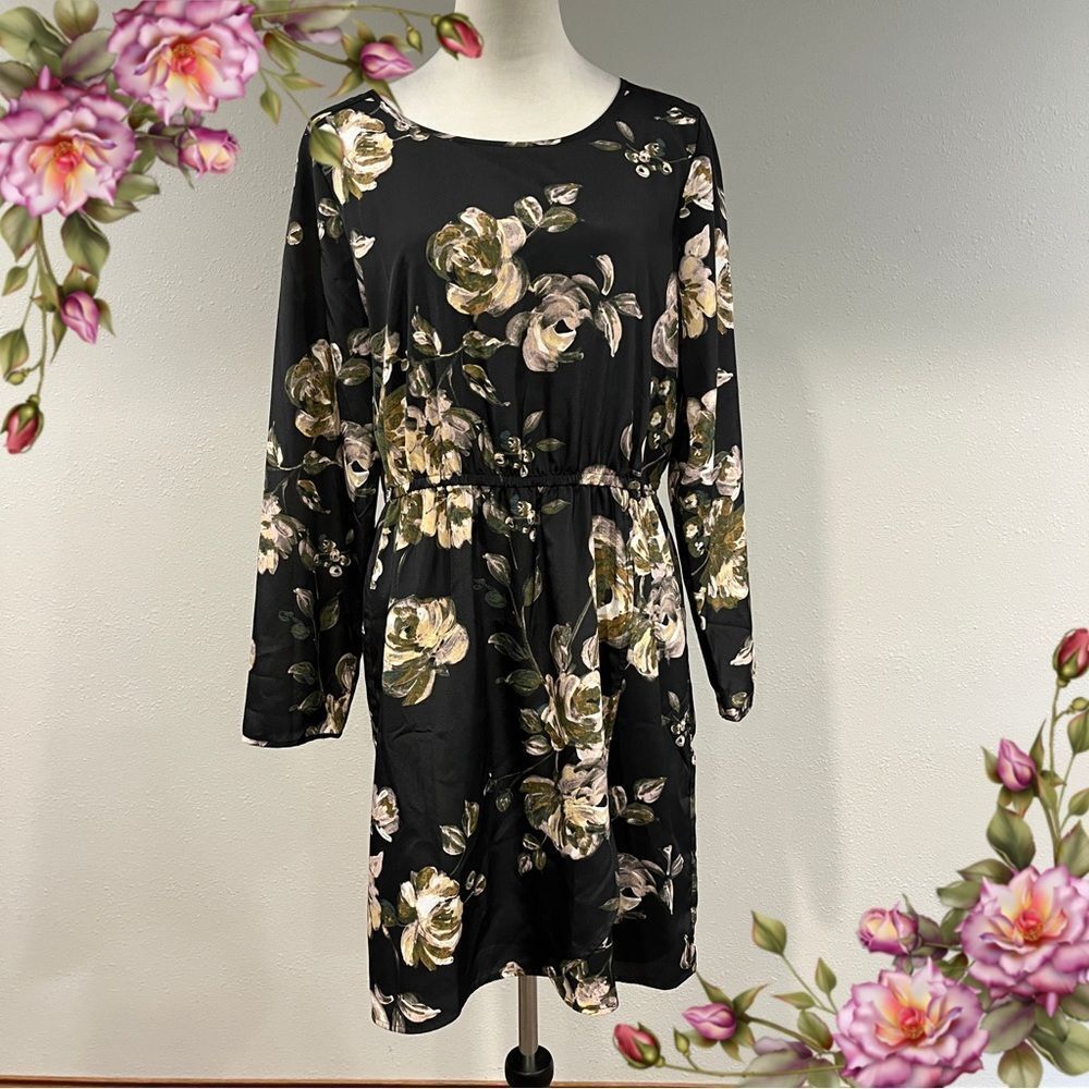 J.‎ Crew Black Floral Long Sleeve scoop neck Dress size 12